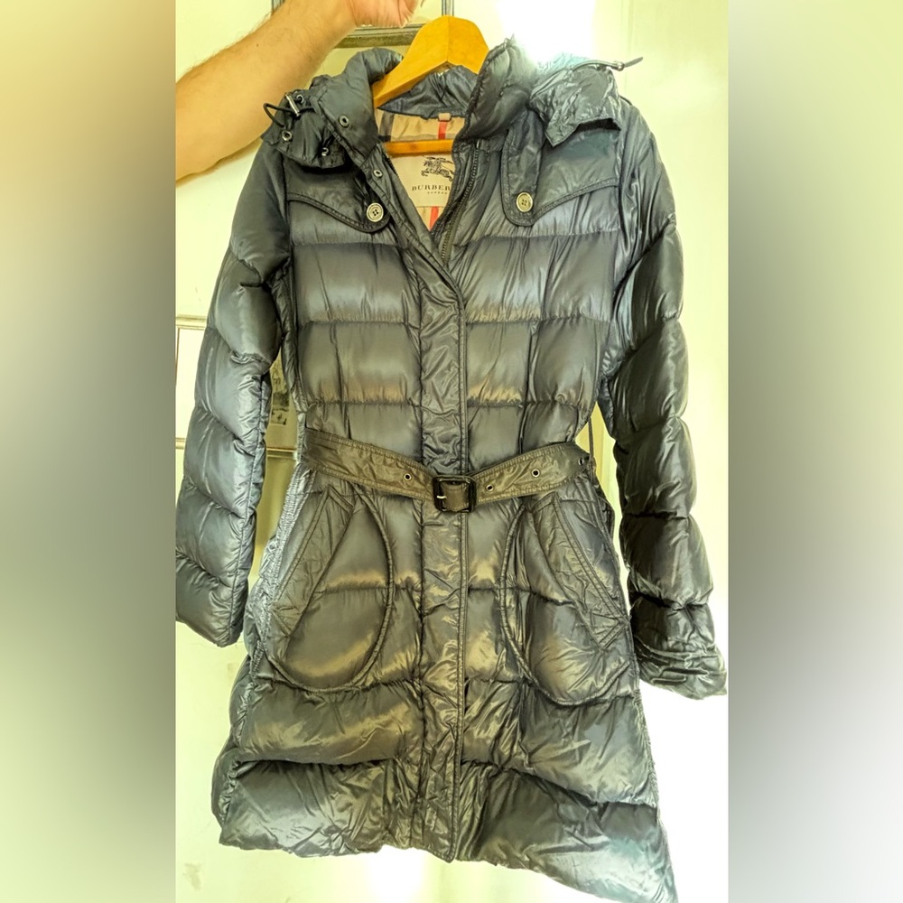 SOLD. Burberry London Down Puffer Belted Coat Jacket with Detachable Hood Size S